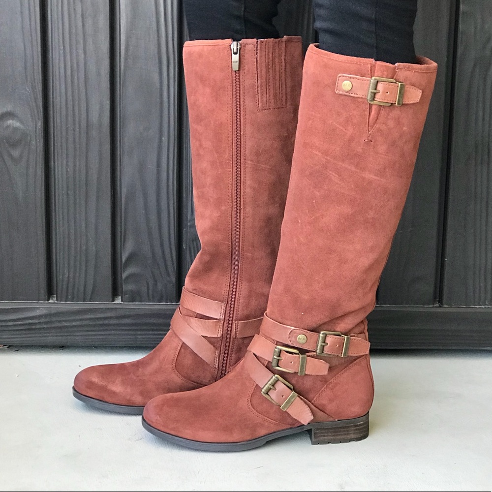 Rust Leather Buckle Ankle Lug Sole Knee High Boots - Picture 2 of 5